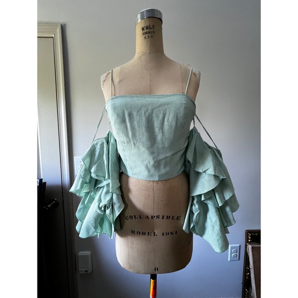 Alice + Olivia Tops - Alice + Olivia Mint Ruffle Crop Top Cold Shoulder Romantic Coquette NWT Size 6